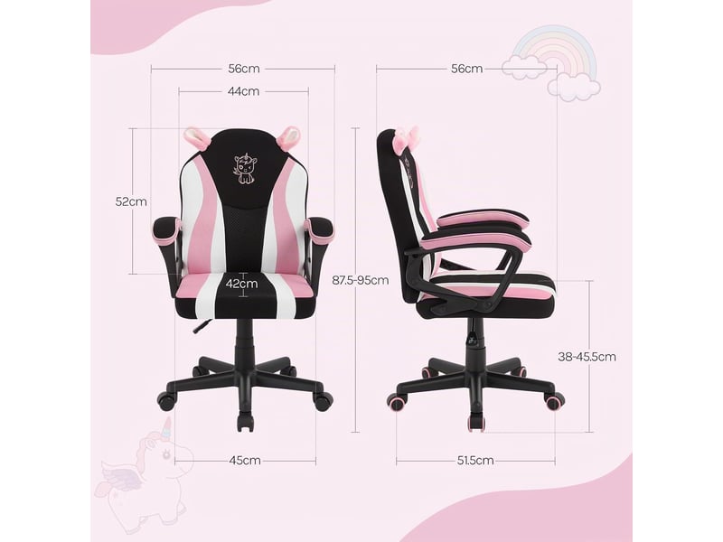  Chaise de jeu pour enfants, motif licorne, en tissu maillé, rose, avec dossier et accoudoirs, avec roulettes universelles et lestées  - Conforama D