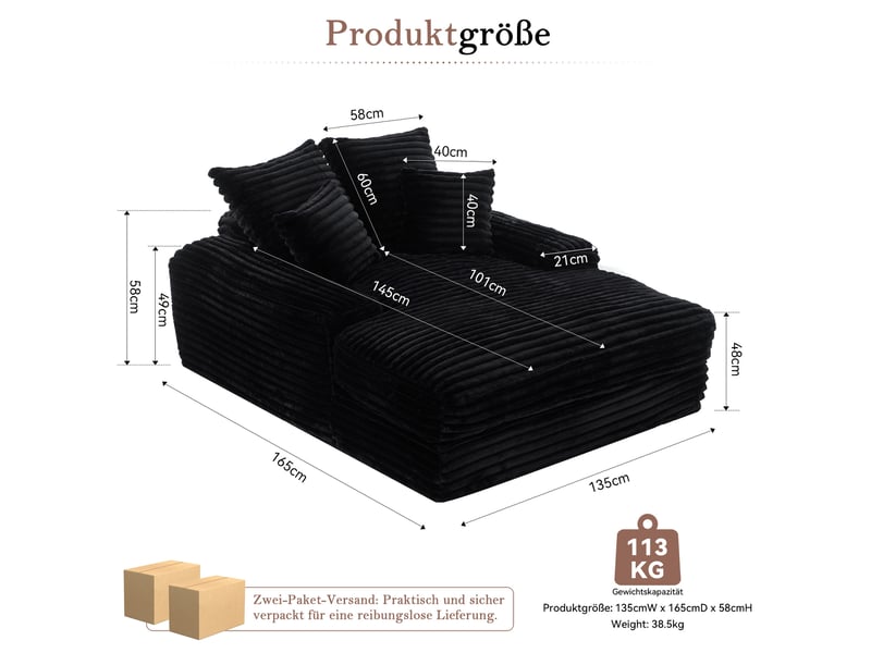  Méridienne 135x165x58 cm moderne noire avec 4 coussins  - Conforama E