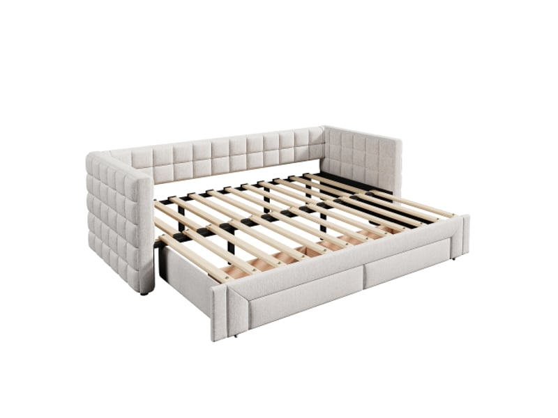 Lit de jour, 90 x 200 cm, canapé-lit avec dossier carré, lit extensible (jusqu'à 180 cm en format queen size), 2 tiroirs, sans matelas, beige  - Conforama D