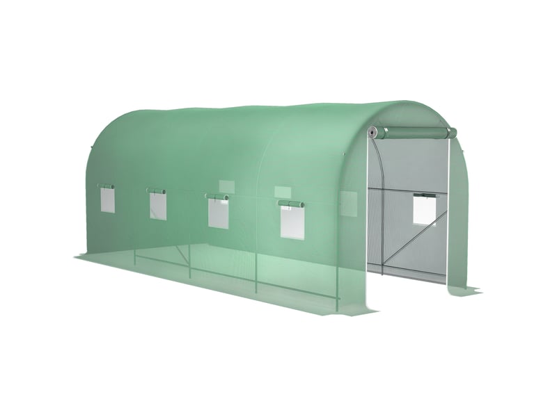  Serre de jardin tunnel surface sol 10 m² 5l x 2l x 2,05h m châssis tubulaire renforcé porte zippée 8 fenêtres enroulables vert  - Conforama A
