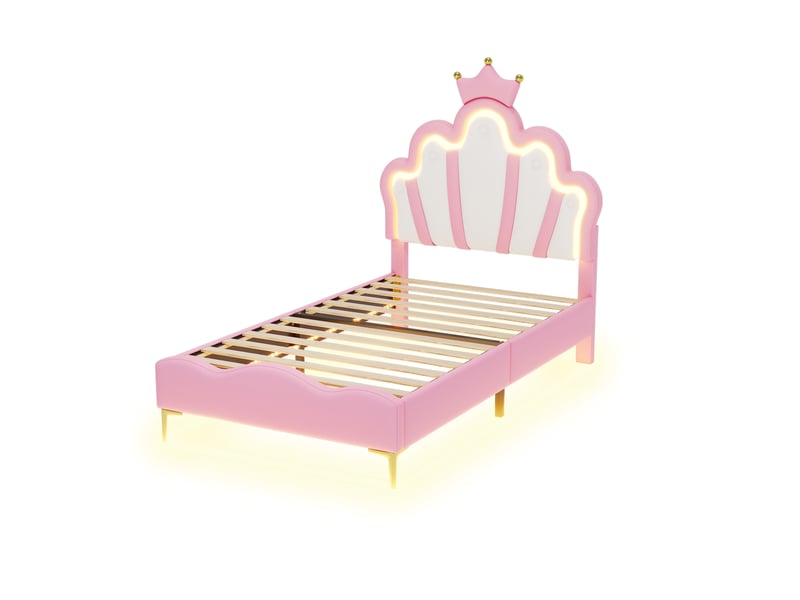 Lit enfant 90x200cm lit princesse en forme de couronne avec led - lit double avec sommier - pu - rose (sans matelas) - Conforama F