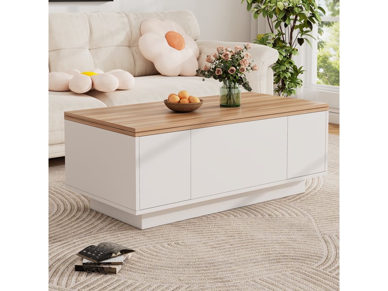 Table basse 100x50x55,5 cm relevable avec rangement, blanc et bois - Conforama B