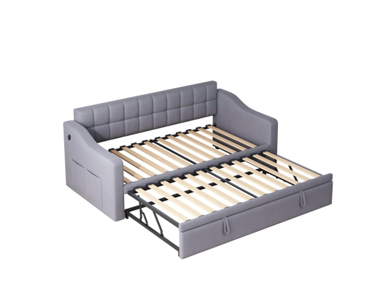  Lit gigogne 90x190 cm, extensible et avec ports usb, en velours, gris, sans matelas  - Conforama E
