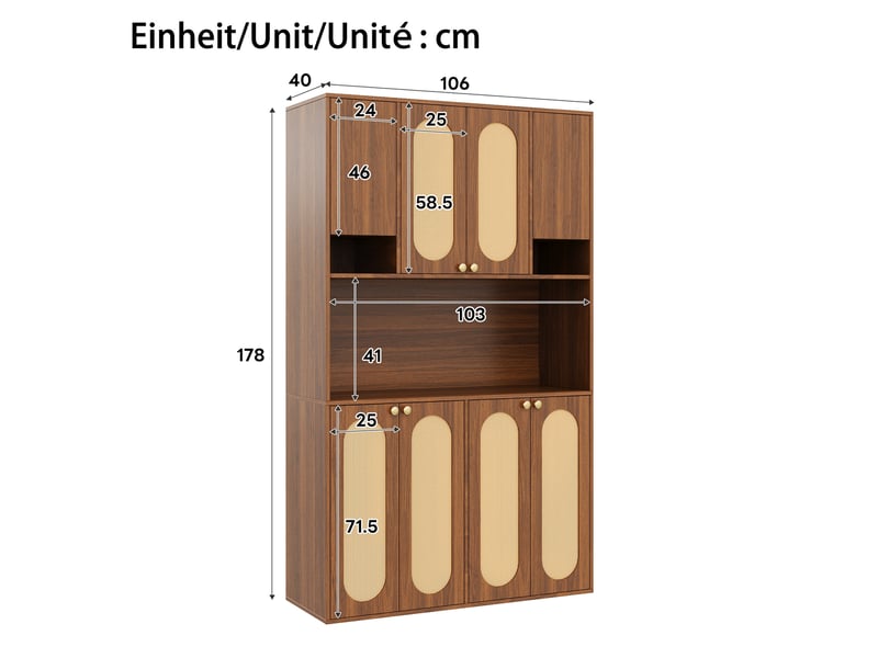  Buffet haut ulevr de rangement à 8 portes, 106 x 40 x 178 cm, espace bar avec led réglable, mdf et décor en rotin pe naturel  - Conforama C