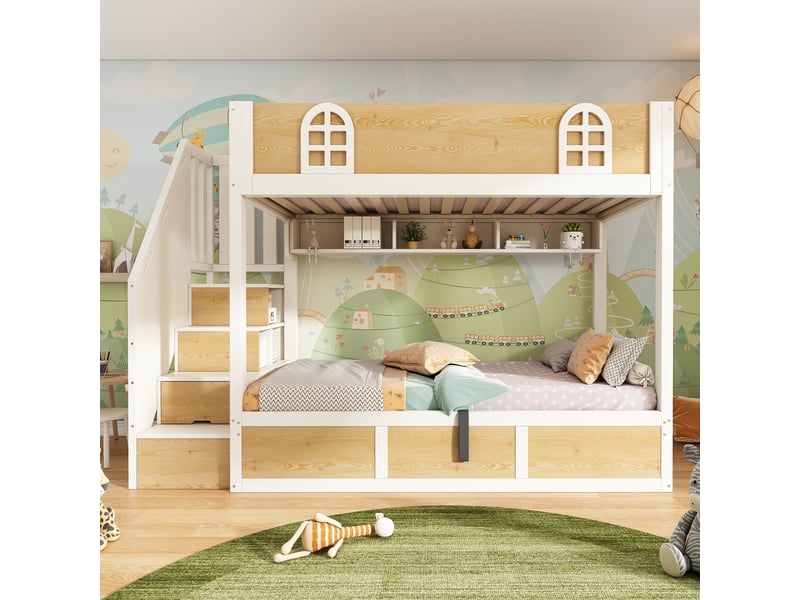 Lit superposé 90 × 200 cm 2 places avec coffre, escalier rangement et étagères, sans matelas, blanc et naturel - Conforama B