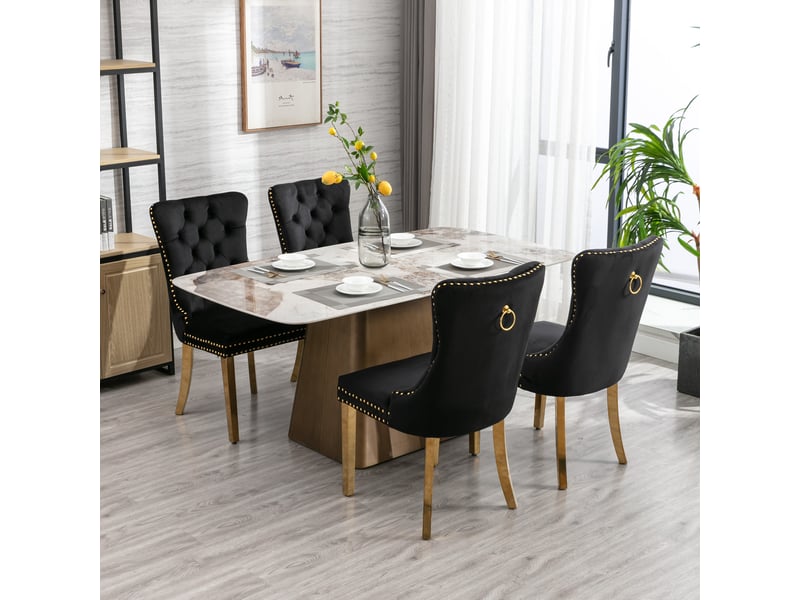  Lot de 2 chaises de salle à manger en velours noir, structure bois massif, pieds dorés et clous décoratifs  - Conforama E