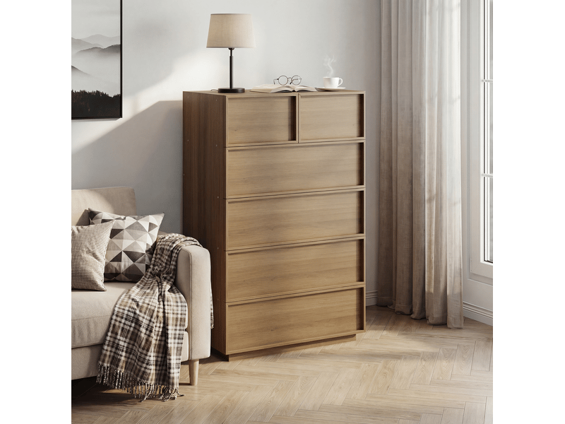 Commode 6 tiroirs 80 x 48 x 127,5 cm coloris chêne avec glissières métalliques  - Conforama B