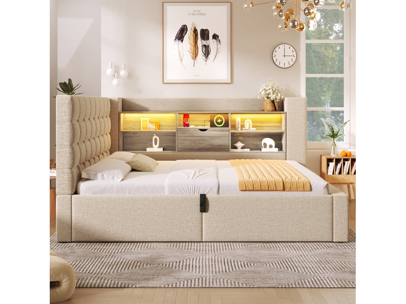  Modenvie lit coffre 90x200 cm - led, tête de lit avec rangements et ports usb, matelas inclus - beige  - Conforama E