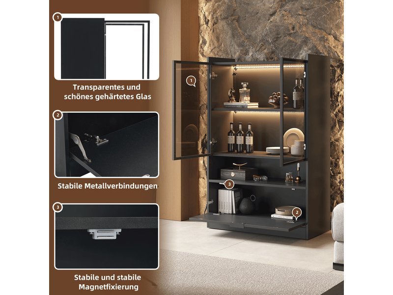 Vitrine led 80x35x120 cm avec portes en verre trempé, éclairage multicolore via appli, porte abattante, finition noir mat, meuble de rangement - Conforama E