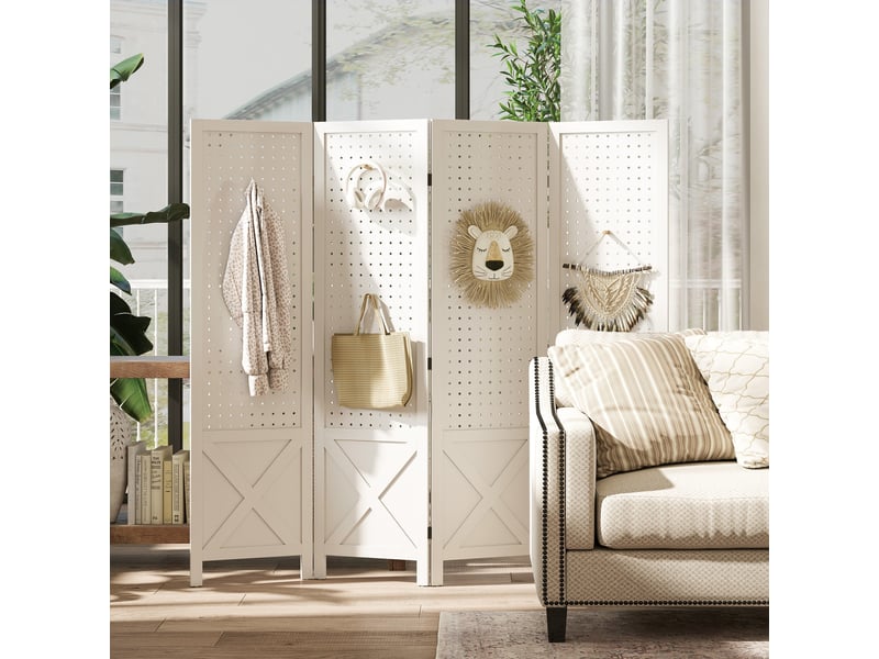  Paravent intérieur en bois 4 panneaux séparateur de pièce pliable panneau perforé blanc 152 x 1,7 x 144,5 cm  - Conforama A