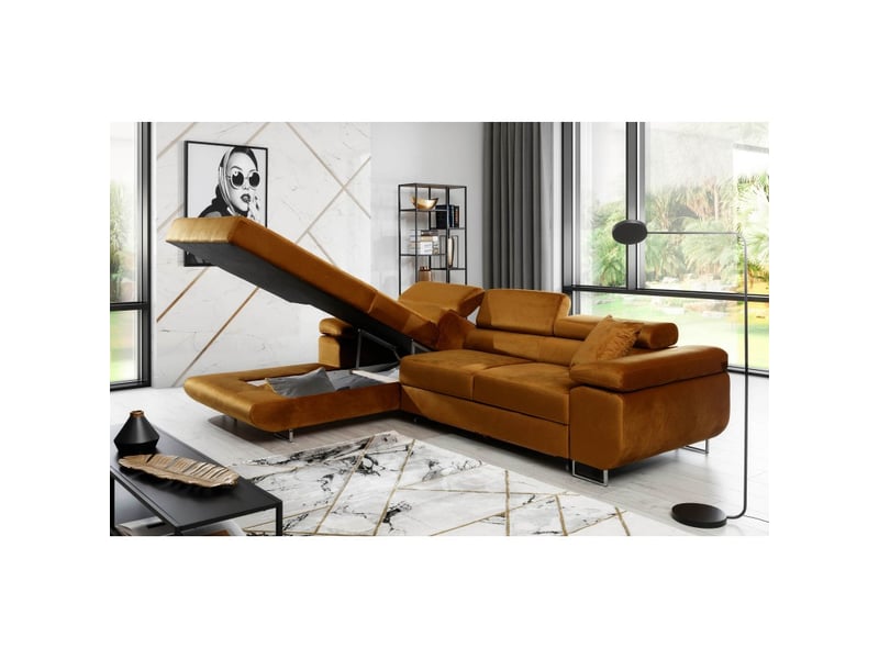 Canapé d'angle convertible amanda orange foncé effet velours avec coffre - Conforama D