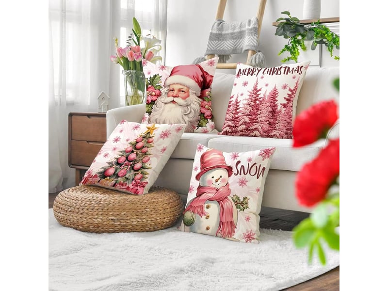  Lot de 4 housses de coussin de noël, 45 x 45 cm, décoration d'intérieur, coussins décoratifs, rose  - Conforama D