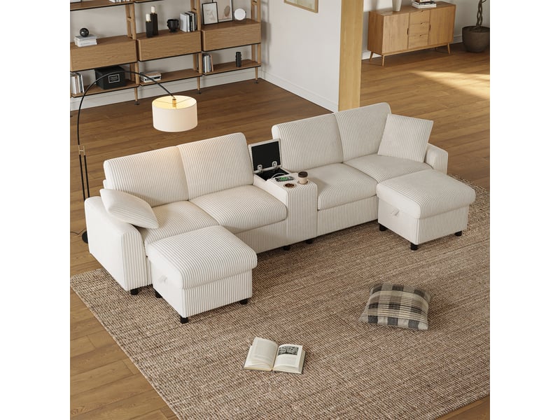  Canapé d'angle panoramique 4 places 315 x 135 x 81 cm en velours côtelé avec 2 poufs coffres, usb-c et prises - beige Fay Lum - Conforama E
