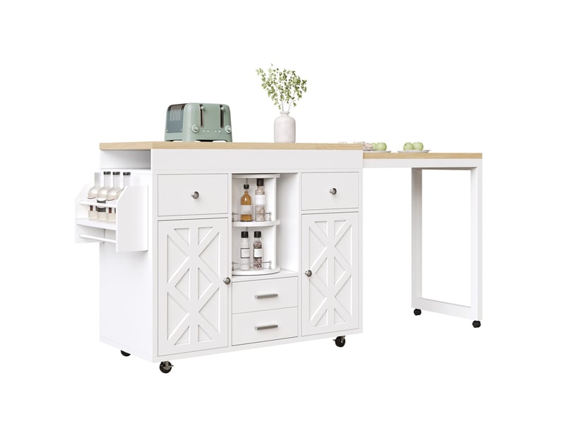 Desserte de cuisine extensible 110 à 180 x 40 x 91 cm blanche en mdf, 4 tiroirs et plateau coulissant - Conforama A