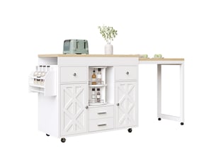 Desserte de cuisine extensible 110 à 180 x 40 x 91 cm blanche en mdf, 4 tiroirs et plateau coulissant