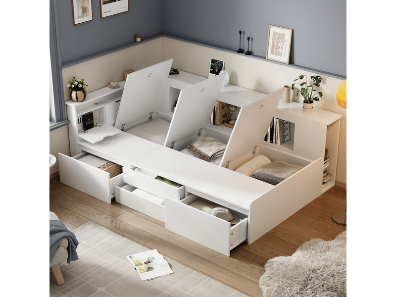 Lit enfant 90x200 multifonction avec tiroirs de rangement et bibliothèque intégrée - blanc - Conforama D