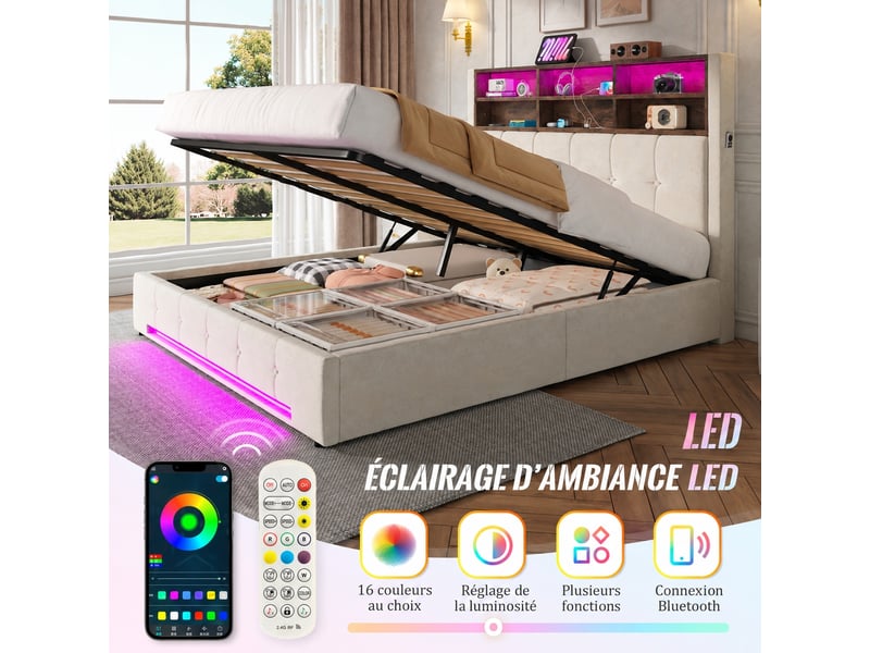  Lit coffre 160x200 en velours beige, ouverture hydraulique, tête de lit à 6 niches, usb-c et led  - Conforama E