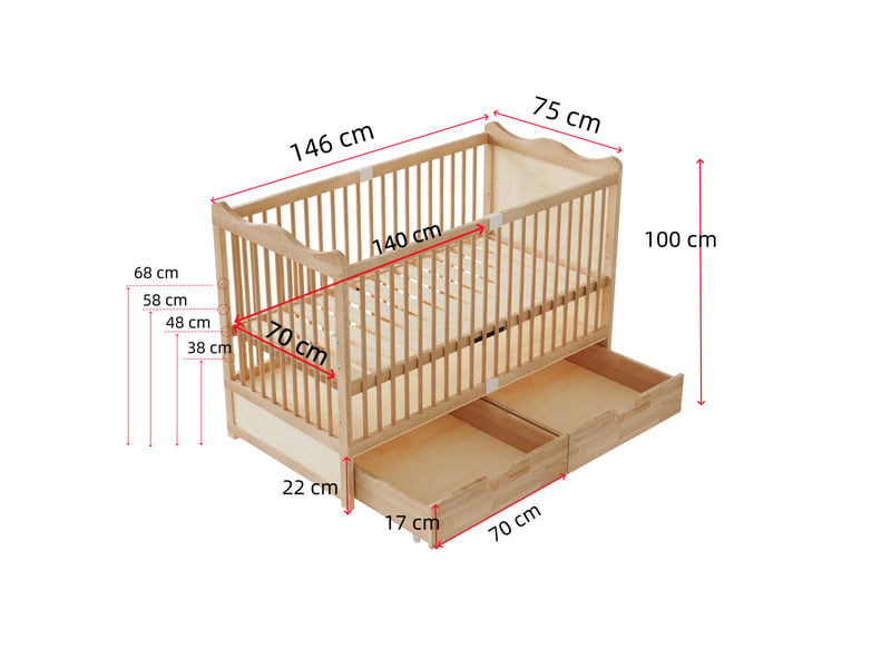  Lit bébé 1 place 70×140 cm, 2 tiroirs, réglable sur 4 hauteurs - okmyhome- pin massif naturel, sans matelas  - Conforama D