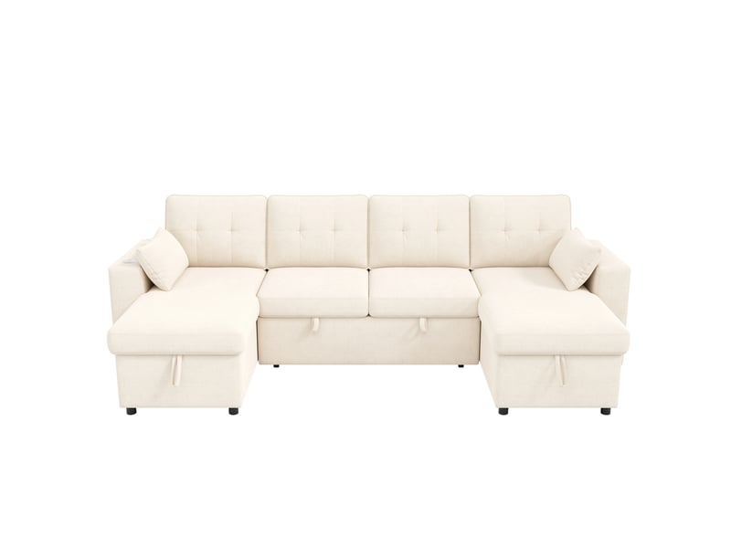 Canapé d’angle 4 places 273x131x83 cm convertible avec led, usb et rangement, en chenille couleur beige, design moderne - Conforama E