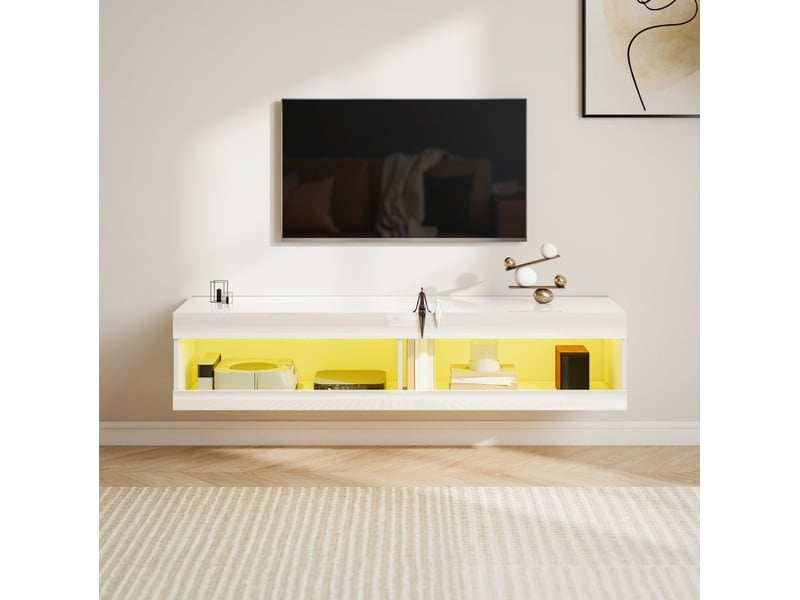  Meuble tv suspendu modenvie avec led rgb 16 couleurs 140 x 40 x 30 cm blanc brillant  - Conforama D