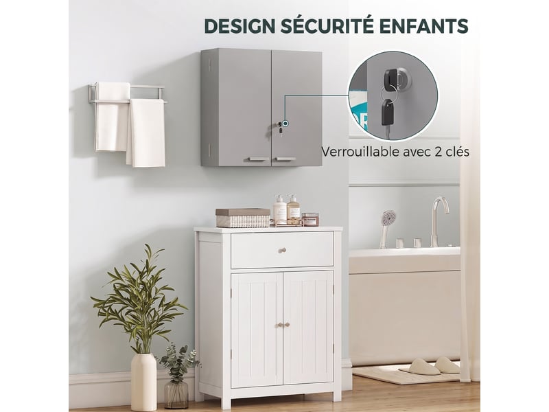Armoire à pharmacie murale, armoire à médicaments avec double porte verrouillable 2 clés, 53x20x53cm, gris - Conforama E