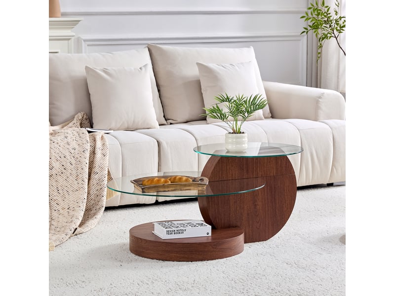  Table basse ronde 90x70x44 cm, meuble de salon, plateau en verre transparent, pour salon et séjour, mdf, couleur noyer  - Conforama D