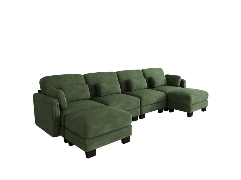  Canapé modulable 4 places modenvie en u avec 2 poufs, assise large et profonde, revêtement en chenille, 330 x 143 x 88 cm, vert  - Conforama A