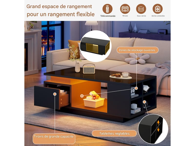  Table basse avec led et tiroir en panneau de particules noir brillant 100x50x36 cm - pangivo  - Conforama D