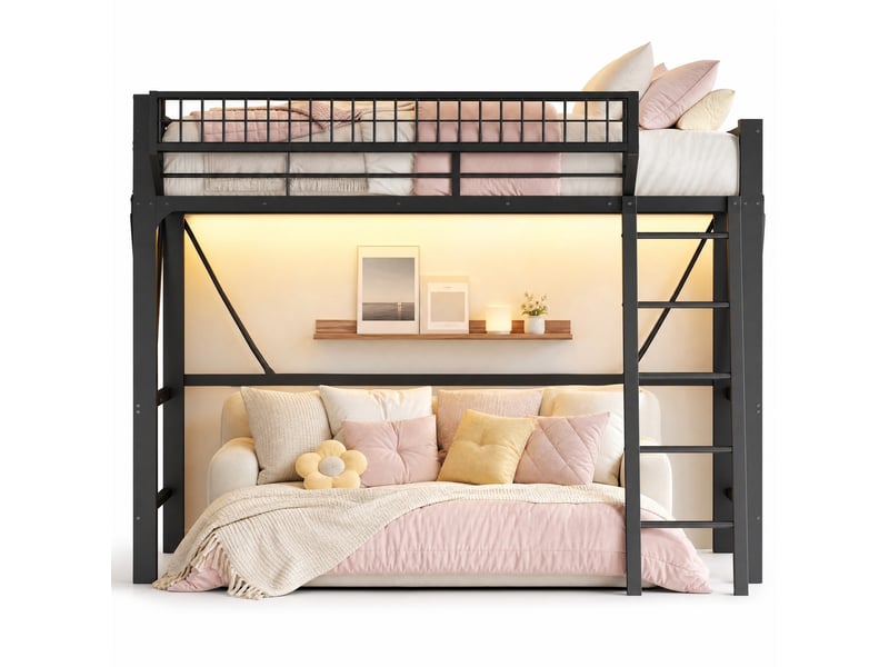  Lit mezzanine modenvie 90 x 200 cm avec panier de rangement et éclairage led, métal, noir  - Conforama A