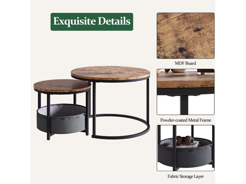  Tables basses gigognes avec 2 pièces et sac de rangement, style industriel, pour salon, en métal, brun antique  - Conforama A