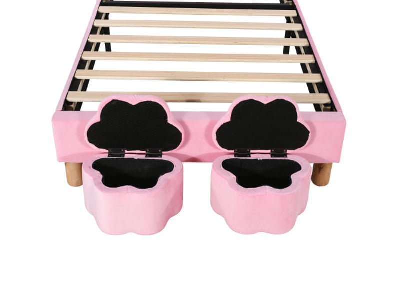 Lit enfant 90x200cm, lit double, en forme de lapin, avec 2 bancs de rangement, led, velours rose, sans matelas - Conforama R