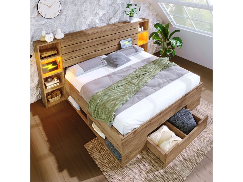 Lit double 160x200 cm avec rangements, tête de lit avec étagères, led, usb et usb-c, 2 tiroirs, sommier à lattes - effet chêne - Conforama B
