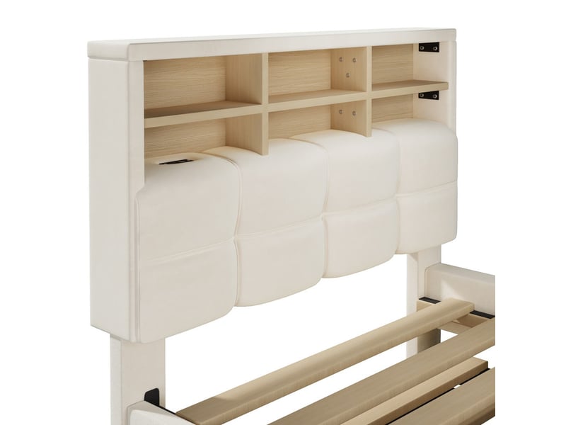 Lit gigogne, 90 x 200 cm, design multifonction extensible, avec port de charge et compartiment de rangement ouvert, velours, beige  - Conforama E
