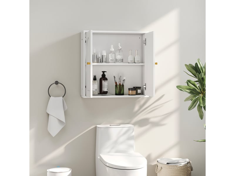  Armoire murale, meuble haut salle de bain moderne avec placard à double porte et poignées dorées, 60x20x60cm, blanc  - Conforama A