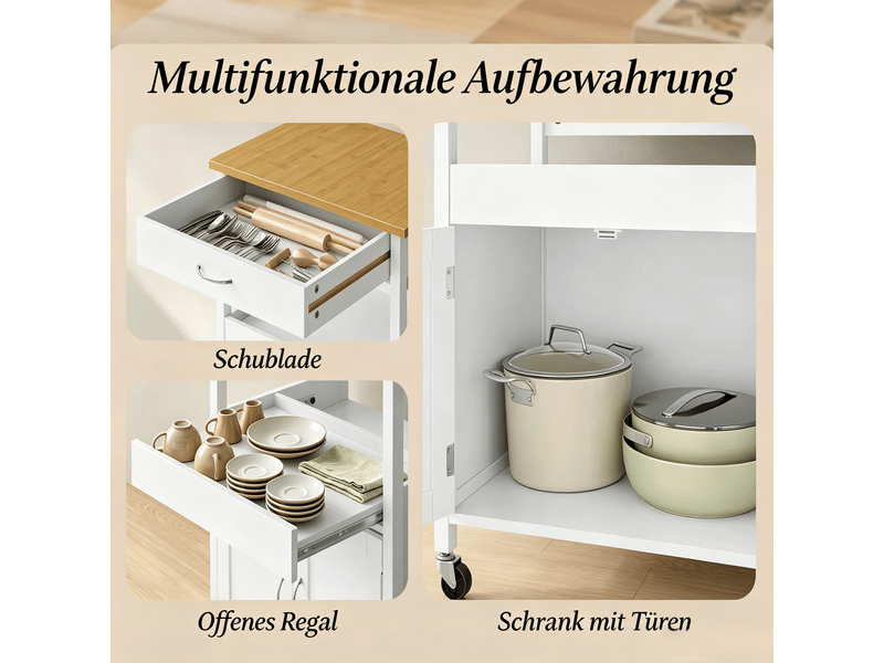 Desserte de cuisine à roulettes 1 tiroir 1 porte mdf blanc effet bambou 60x45x92 cm  - Conforama E