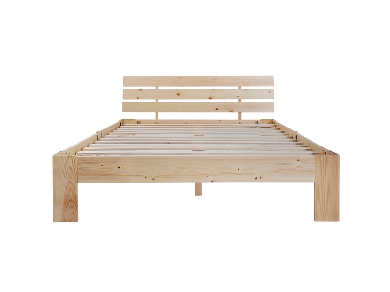  Lit double en bois massif 140x200 cm avec tête de lit, sommier à lattes robuste, cadre de lit en pin, naturelle  - Conforama E