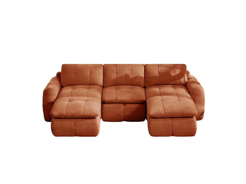  Canapé modulaire en u 3 places sans cadre à combiner librement avec 2 poufs, mousse 32d en chenille orange  - Conforama A