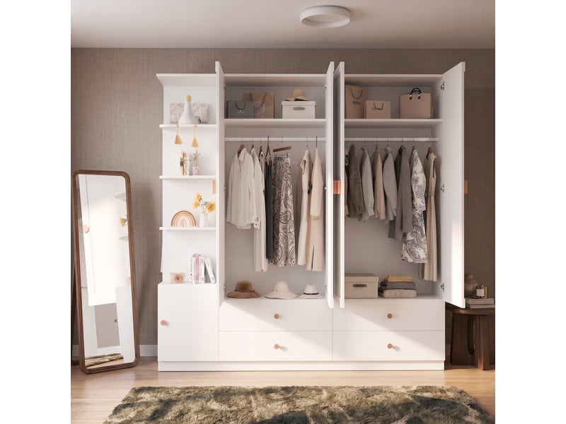 Grande armoire blanche à portes battantes, garde-robe de chambre 225 cm avec 3 tringles et 4 tiroirs - Conforama R