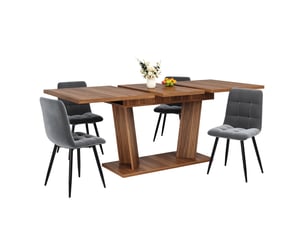 Table à manger extensible, effet bois massif, piètement stable avec pieds réglables antidérapants, brun foncé