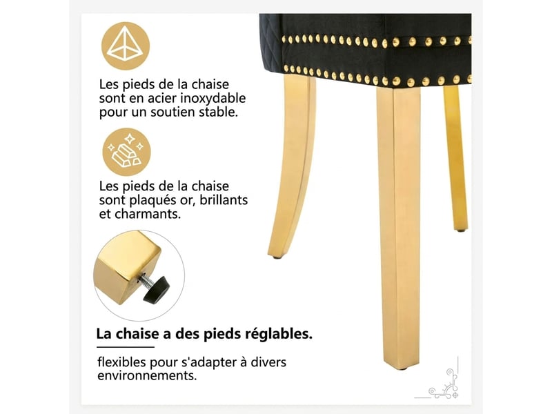  Lot de 6 chaises de salle à manger en velours noir, pieds en acier inoxydable doré, anneau au dos  - Conforama W