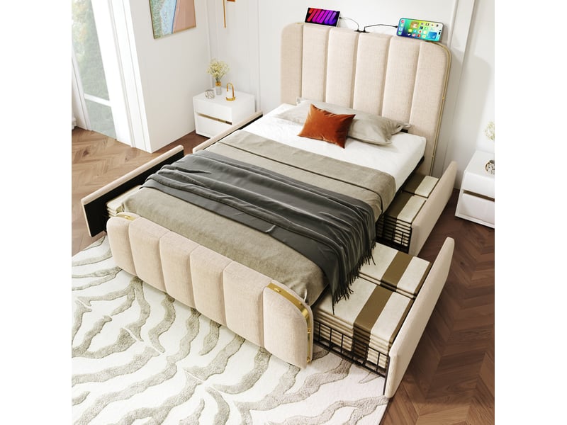  Modenvie lit capitonné 1 place 90x200 cm - avec 4 tiroirs, ports usb et usb-c, matelas inclus - beige  - Conforama D