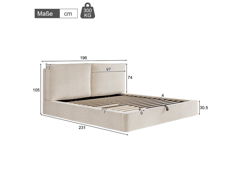 Lit coffre rembourré 180 x 200 cm en velours côtelé beige, tête de lit épaisse, sommier à lattes N634U0009D - Conforama C