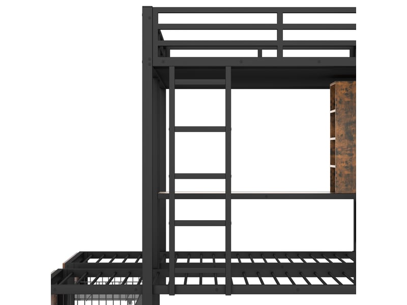 Lits superposés enfant 140x200 cm+90x200 cm, tiroirs, table, étagère, sommiers, métal noir, sans matelas - Conforama R