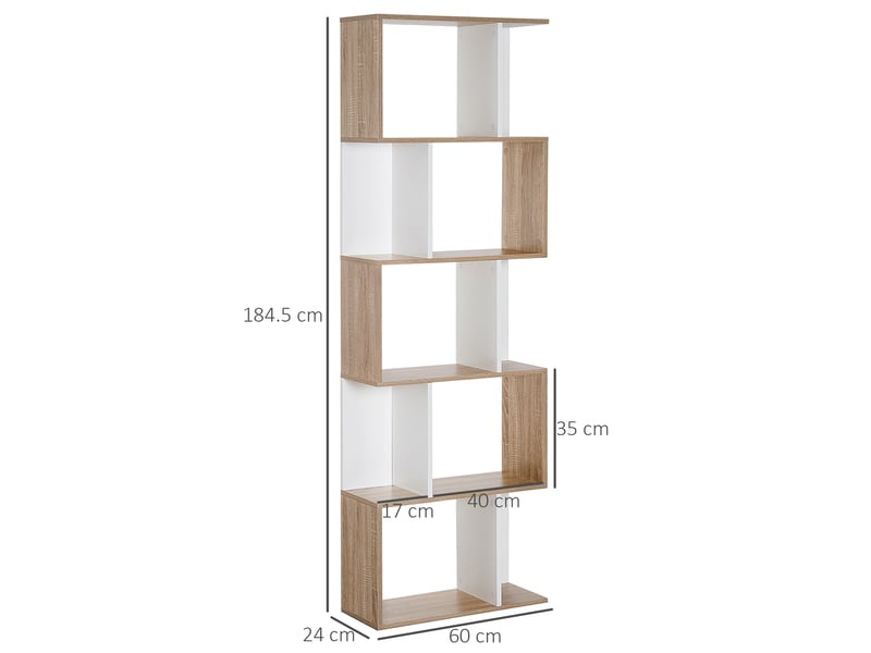  Étagère 5 niveaux en s, bois gain de place, séparation salonchambrebureau, bois et blanc, 60x24x184,5 cm.  - Conforama E