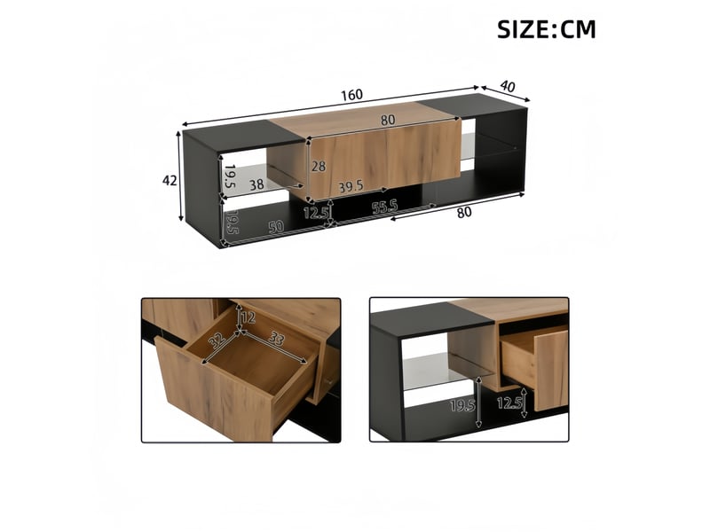 Meuble TV à 3 niveaux 160 cm, avec cloisons en verre et 2 tiroirs de rangement pour téléviseurs jusqu'à 70 pouces, bois foncé - Conforama C