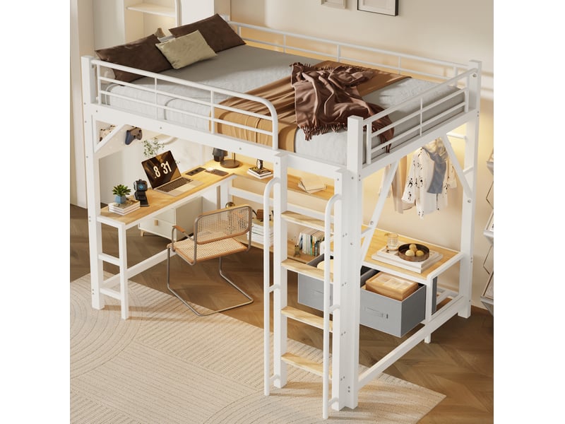  Lit mezzanine enfant 140x200 cm avec bureau, rangements, led et usb, blanc  - Conforama E