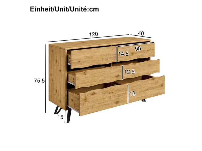  Commode 120x40x75,5 cm, effet bois, armoire de rangement,en mdf, pour cuisine, couleur bois, buffet avec 6 tiroirs  - Conforama C