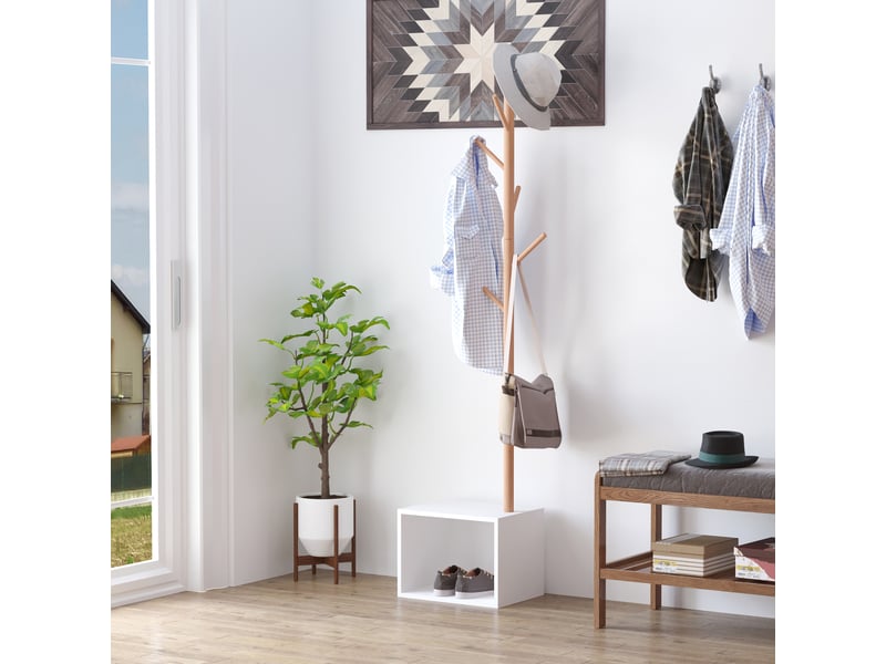 Meuble rangement porte-manteaux 2 en 1 cosy 40l x 30l x 180h cm mdf blanc bois bambou massif - Conforama A