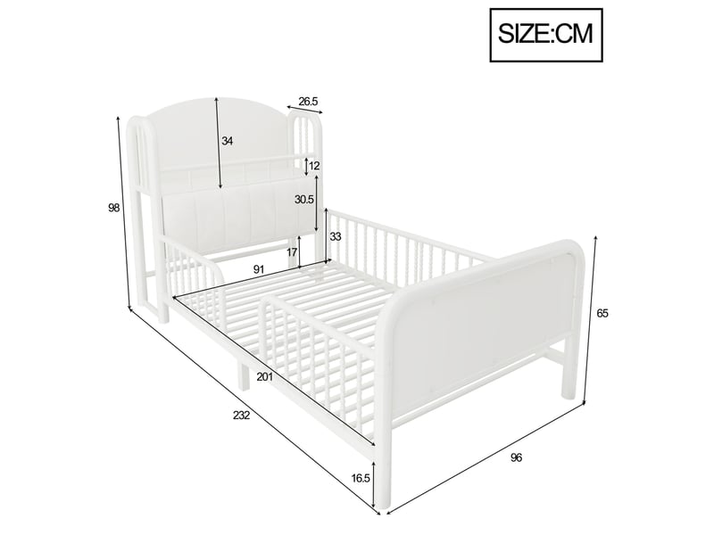  Lit simple enfant 90x200 cm métal blanc, barrières de sécurité, tête de lit rangement et éclairage led  - Conforama C