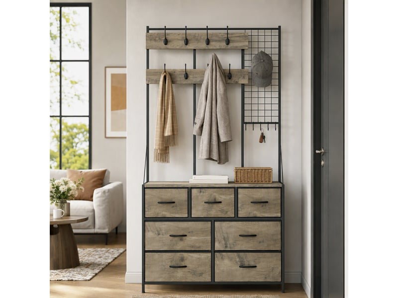  Meuble d'entrée 4 en 1 style industriel multi-rangement métal noir effet bois gris  - Conforama B